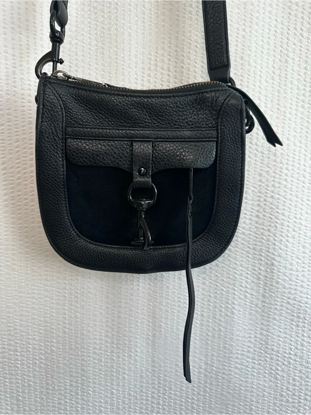 Rebecca Minkoff Black Pebbled Leather Saddle Crossbody Bag Suede Flap Gunmetal